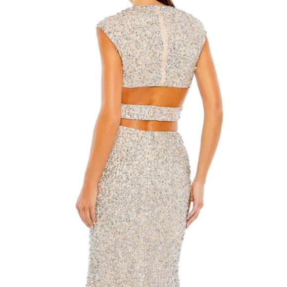 MAC DUGGAL 10109 SEQUIN CUTOUT PLUNGE NECK TRUMPET NUDE/SILVER GOWN sz 2 - Picture 2 of 8